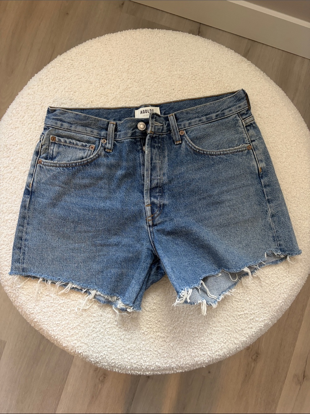 Agolde Parker Long Distressed Denim Shorts